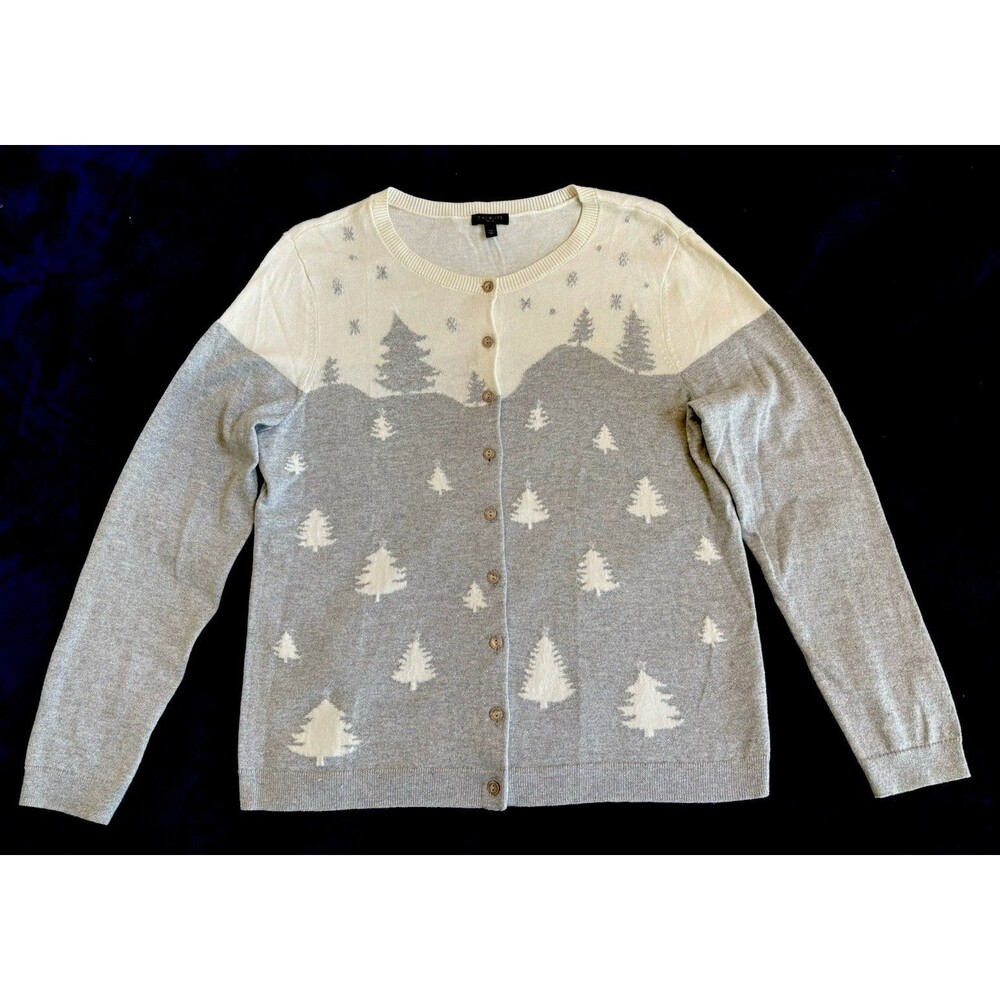 Talbots Cream And Gray Tree Pattern Cardigan - image 1